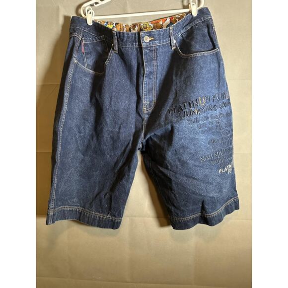 Platinum FUBU Shorts Mens W42 Blue Denim Embroidered Junkyard Gang Hip Hop Y2K - Picture 1 of 6